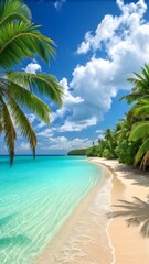 Fototapeta premium Tropical Beach Paradise With Palm Trees Turquoise Ocean White Sand And Blue Sky Summer Travel Scene