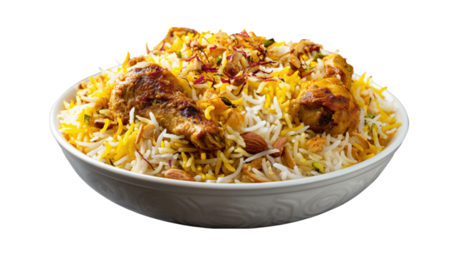 Chicken Biryani with Almonds and Saffron isolated on a transparent background 