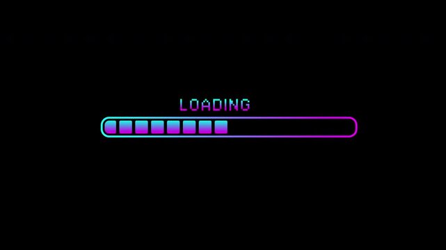 Futuristic neon loading bar with glowing purple and cyan gradient, Cyberpunk loading bar with glitch neon, Retro animation uploading with glitch effect on black background. Modern digital interface.
 - Powered by Adobe