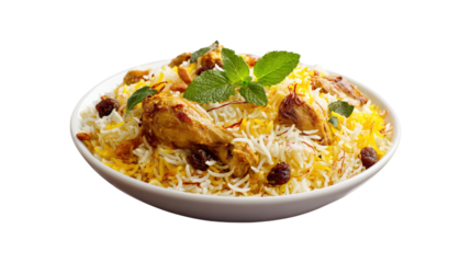 Chicken biryani with mint and raisins isolated on a transparent background