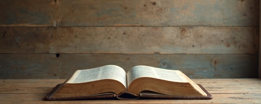 An open bible rests on a rustic wooden table. Pages filled with text are visible. The book has a worn leather cover. Background shows weathered wooden planks.