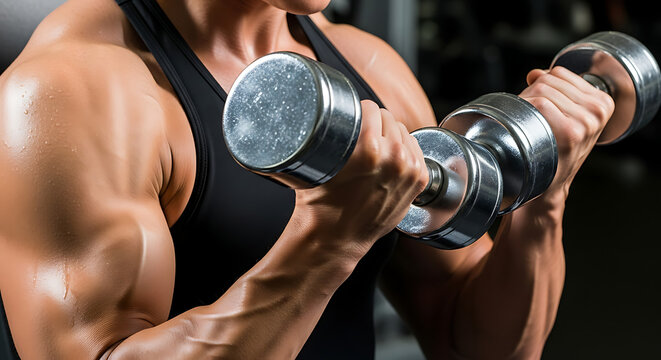 Man lifting dumbbells showing muscular arm and shoulder
