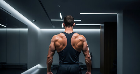 Man with muscular back standing in a modern gym setting