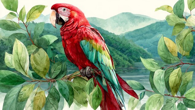 A watercolor illustration shows a parrot sitting on a branch, encircled by lush green foliage and set against a softly blurred backdrop