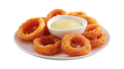 Crispy onion rings with dipping sauce isolated on a transparent background