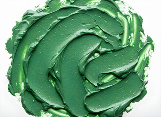 Fototapeta premium Thick dark green cosmetic cream swirl with rich texture and smooth glossy highlights, isolated on white, macro skincare smear.