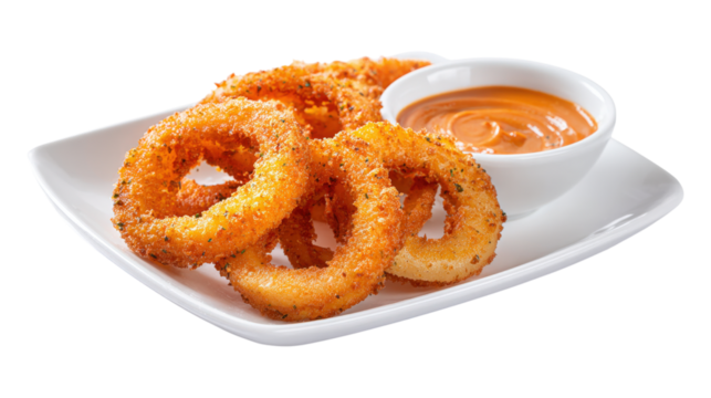 Crispy onion rings with dipping sauce isolated on a transparent background