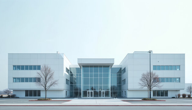 Modern white hospital building with large glass windows, doors. Building clean, sterile appearance with parking lot in front. Two bare trees planted on either side of entrance. Sky above clear, light