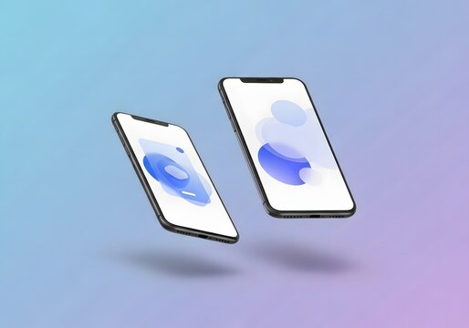 Two modern smartphones with blank screens displaying abstract blue shapes, floating dynamically against a gradient background.