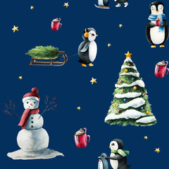 Seamless pattern with cute smiling penguin pulling wood winter sleigh with pine tree. Christmas tree in the snow with toys, balls. Snowman in a red hat and scarf, nose carrot, hands branches with