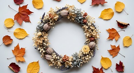 Autumn floral wreath with dried flowers and leaves