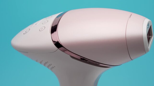 A modern pink IPL hair removal device slowly rotates against a turquoise background. Side view emphasizes the smooth curves and metallic accent ring.