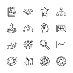Fototapeta premium Business, creative, and general concept line icon set. Vector pictograms of handshake, star, chart, lightbulb, target, graph, palette, and film reel, thin linear illustration.