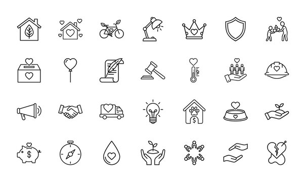 Care and social values line icon set. Vector pictograms of home, environment, transport, justice, charity, health, finance, and community, thin linear design.