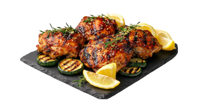Grilled Chicken Thighs with Zucchini and Lemon isolated on a transparent background
