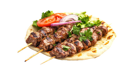 Grilled meat skewers on flatbread isolated on a transparent background