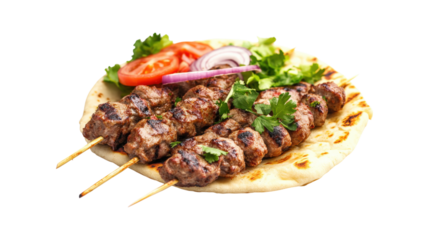 Grilled meat skewers on flatbread isolated on a transparent background