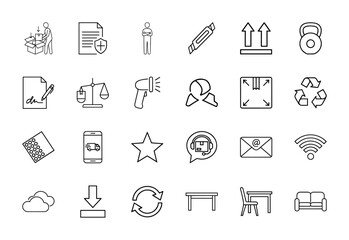 Fototapeta premium Logistics, e-commerce, and business icon set. Vector pictograms of packaging, documents, scales, delivery, support, and connectivity, thin linear illustration.