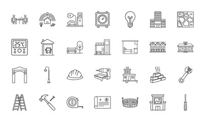 Smart city and construction line icon set. Vector pictograms of smart home, car charger, office, hard hat, blueprint, and wrench, thin linear illustration.