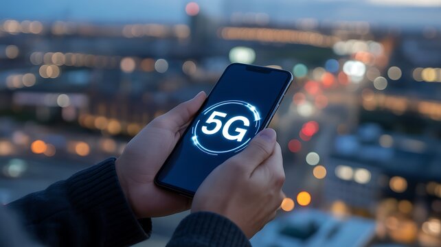 Person holding a smartphone displaying the 5g network logo at night