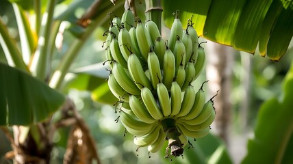 A bunch of unripe bananas hanging from a banana tree in the sunlight