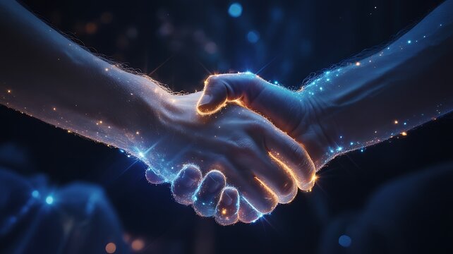 Digital handshake symbolizing partnership and collaboration in the modern era
