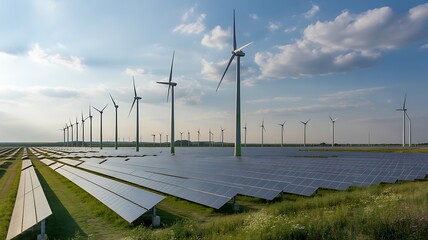 Wind turbines and solar panels create a sustainable energy landscape