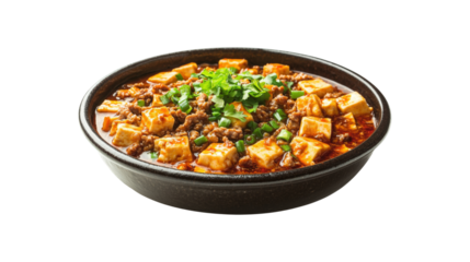 Mapo Tofu in Dark Bowl isolated on a transparent background