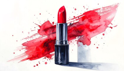 Elegant watercolor depiction of vibrant red lipstick with artistic splatter effect
