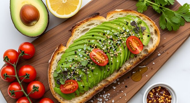 Overhead view of avocado toast with tomatoes lemon and cilantro on a wooden board with chili flakes