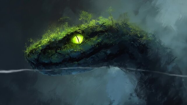 Enigmatic ancient swamp serpent, glowing green eyes, moss-covered head emerging from dark mystical water. Fantasy creature illustration.