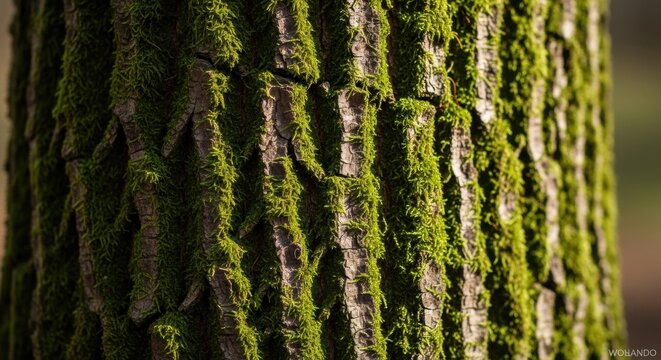Stunning close-up reveals vibrant green moss clinging to textured tree bark, bringing nature's beauty to your project with authentic earthy charm
