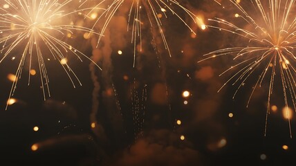 Spectacular golden fireworks exploding in the night sky celebration background