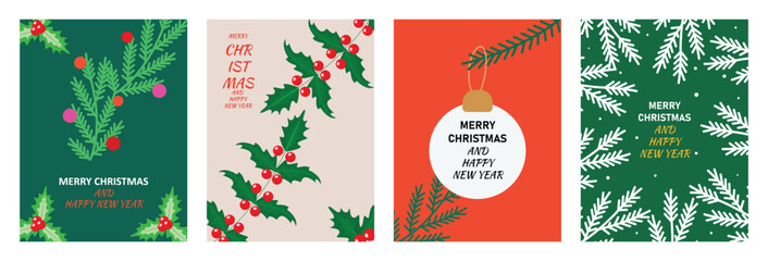 Merry Christmas and Happy New Year greeting card Set. Modern beautiful Xmas design with typography, Beautiful Christmas tree, glass ball and garland editable design