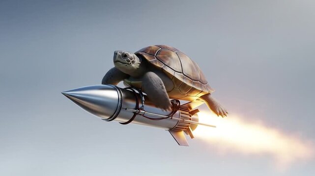 A magnificent turtle defies gravity and expectations by soaring through the sky on a powerful, fire-propelled rocket, symbolizing unexpected progress and rapid advancement