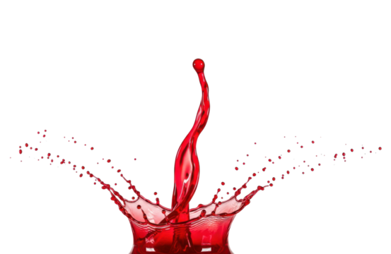 A vibrant red liquid, possibly juice or paint, erupts in a dramatic splash, forming an elegant, sculptural shape with droplets scattering outwards, isolated on a pure transparent background