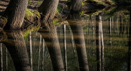 Serene forest stream reflecting tree trunks in calm water, creating a peaceful nature scene perfect for mindfulness and relaxation content
