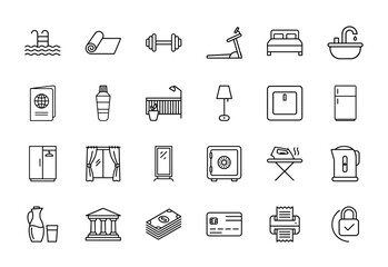 Hotel and home amenities line icon set. Vector pictograms of pool, yoga mat, bed, sink, passport, wardrobe, safe, money, credit card, and printer, thin linear illustration.
