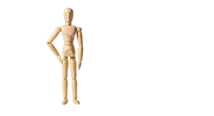 Wooden Articulated Mannequin Standing With Hand On Hip Against A Black Background In A Studio Lighting Setup