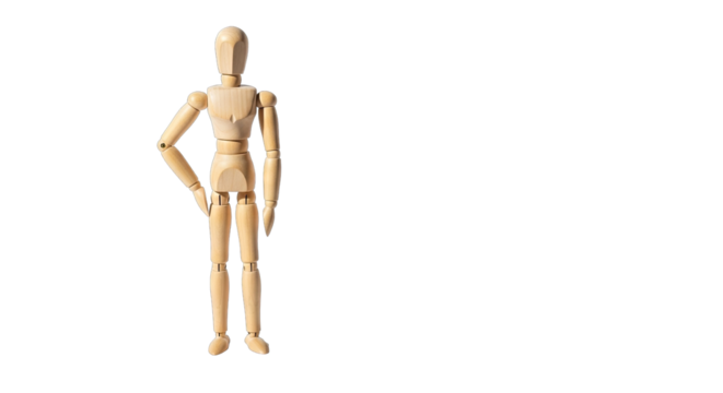 Wooden Articulated Mannequin Standing With Hand On Hip Against A Black Background In A Studio Lighting Setup