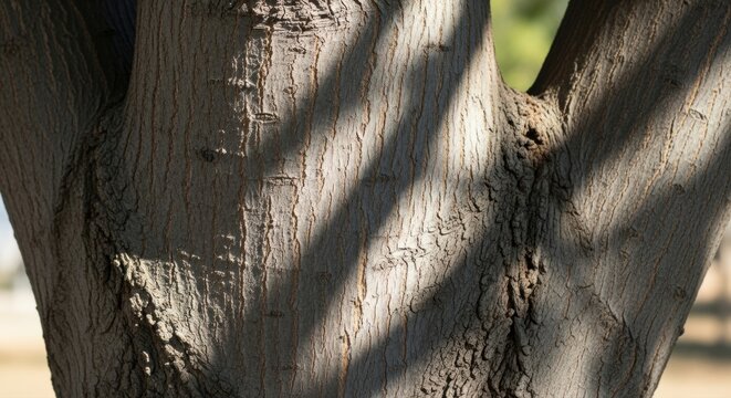 Sun-drenched tree trunk with unique textured bark, perfect for nature backgrounds or eco-friendly designs, adding organic beauty to any project