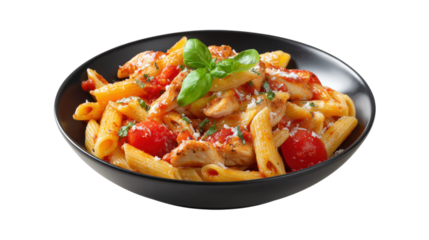 Penne pasta with chicken and tomatoes isolated on a transparent background