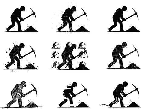 Set of miner silhouettes with pickaxe digging soil, hard labor worker vector illustration, industrial construction effort art, mining work concept design