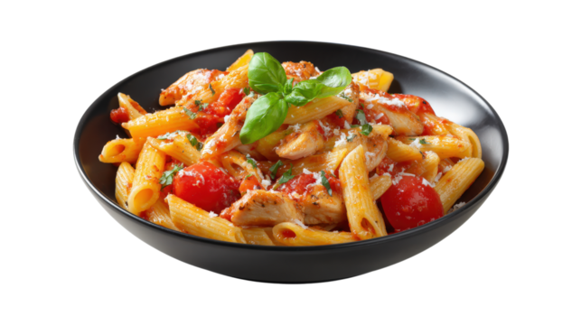 Penne pasta with chicken and tomatoes isolated on a transparent background - Powered by Adobe