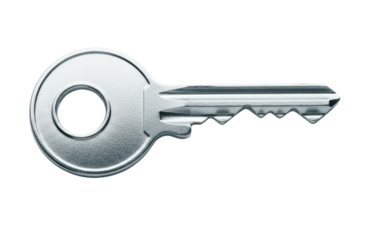 A single silver metal key with a circular head and serrated teeth, isolated on a clean transparent background