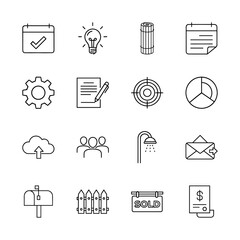 Business, planning, and communication line icon set. Vector pictograms of calendar, lightbulb, settings, target, chart, cloud, team, mailbox, fence, and sold sign, thin linear illustration.