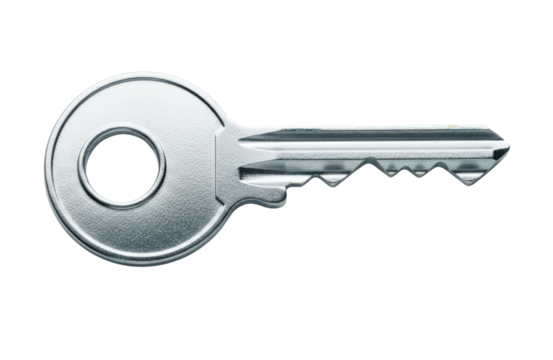 A single silver metal key with a circular head and serrated teeth, isolated on a clean transparent background