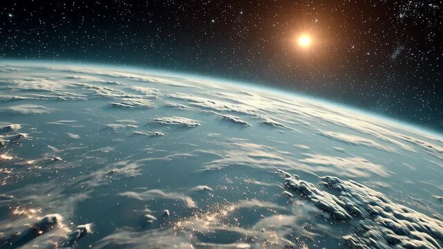 Sunrise Over Earth From Space With Stars And Clouds.