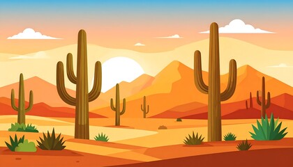 Flat vector illustration of a desert landscape with cacti at sunset or sunrise