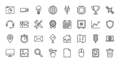 Fototapeta premium Universal web and technology line icon set. Vector pictograms of browser, USB, lightbulb, globe, microchip, trophy, headphones, calendar, shield, and laptop, thin linear illustration.